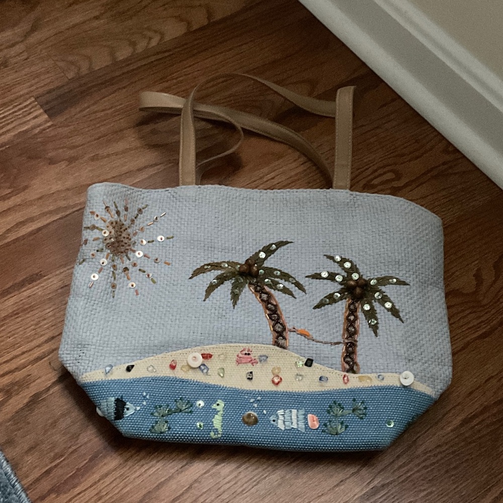 Embroidered Beach Scene Tote Bag